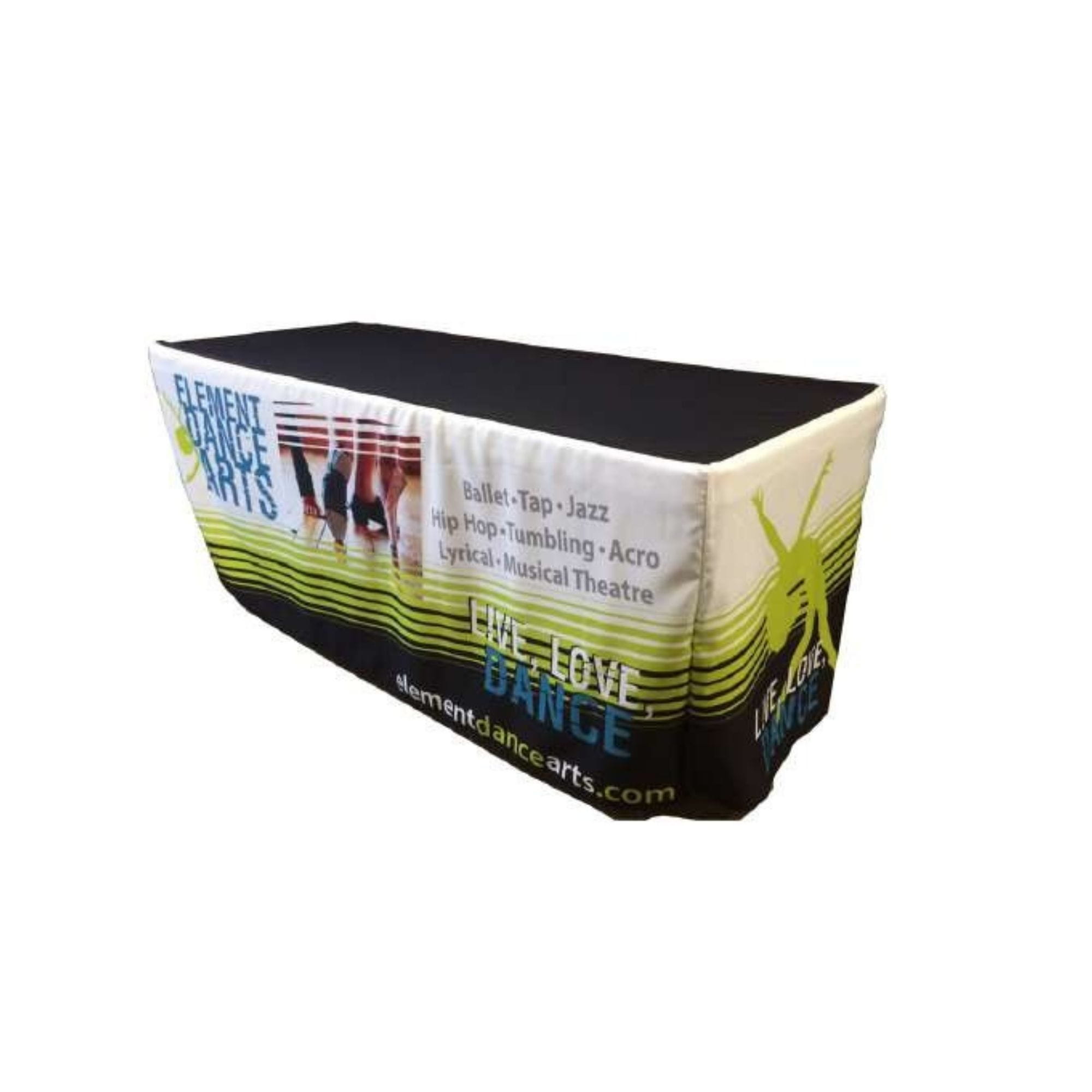 Trade show table setup with custom printed table cover