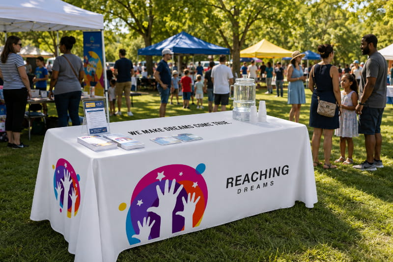 Promotional table cover stand at convention in the park
